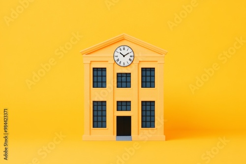 Colorful miniature building model with a clock on a vibrant yellow background.