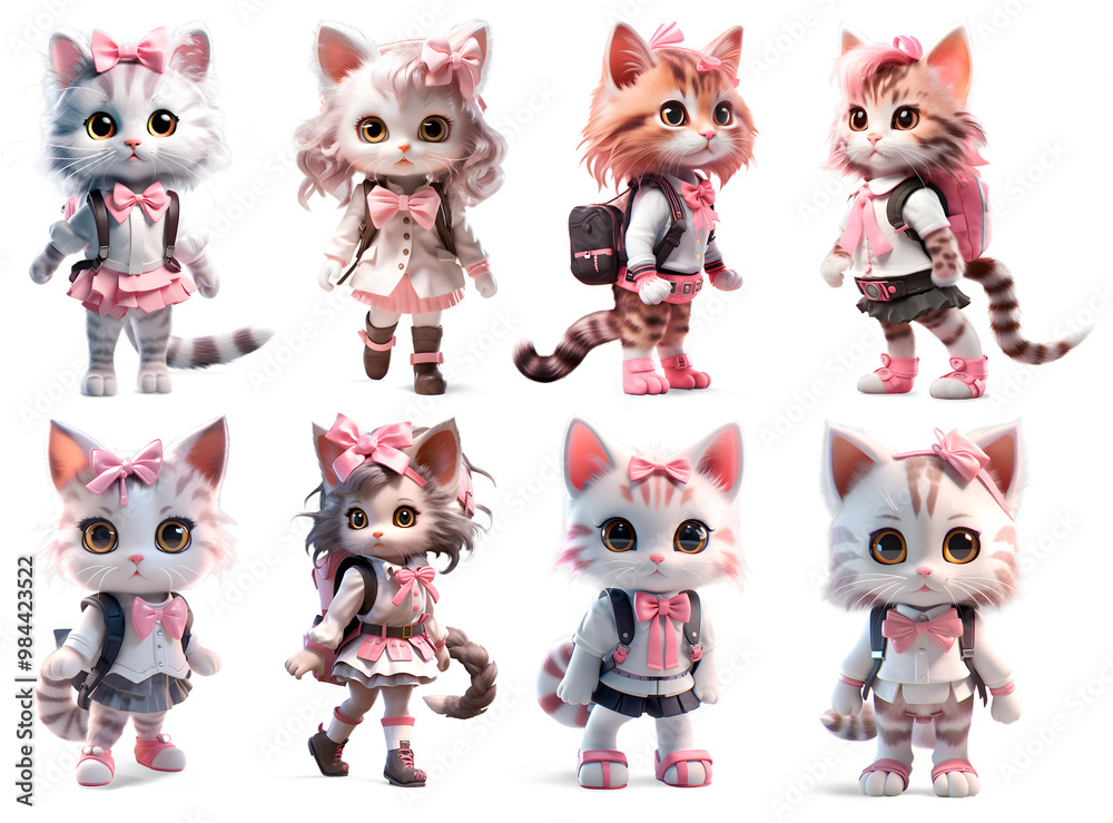 Set of Girl Kitten with a Pink Bow on her head, dressed in a school uniform, isolated on transparent background, cute and funny cats concept, realistic illustration, generative ai Set of Girl Kitten with a Pink Bow on her head, dressed in a school uniform, isolated on transparent background, cute and funny cats concept, realistic illustration, generative ai