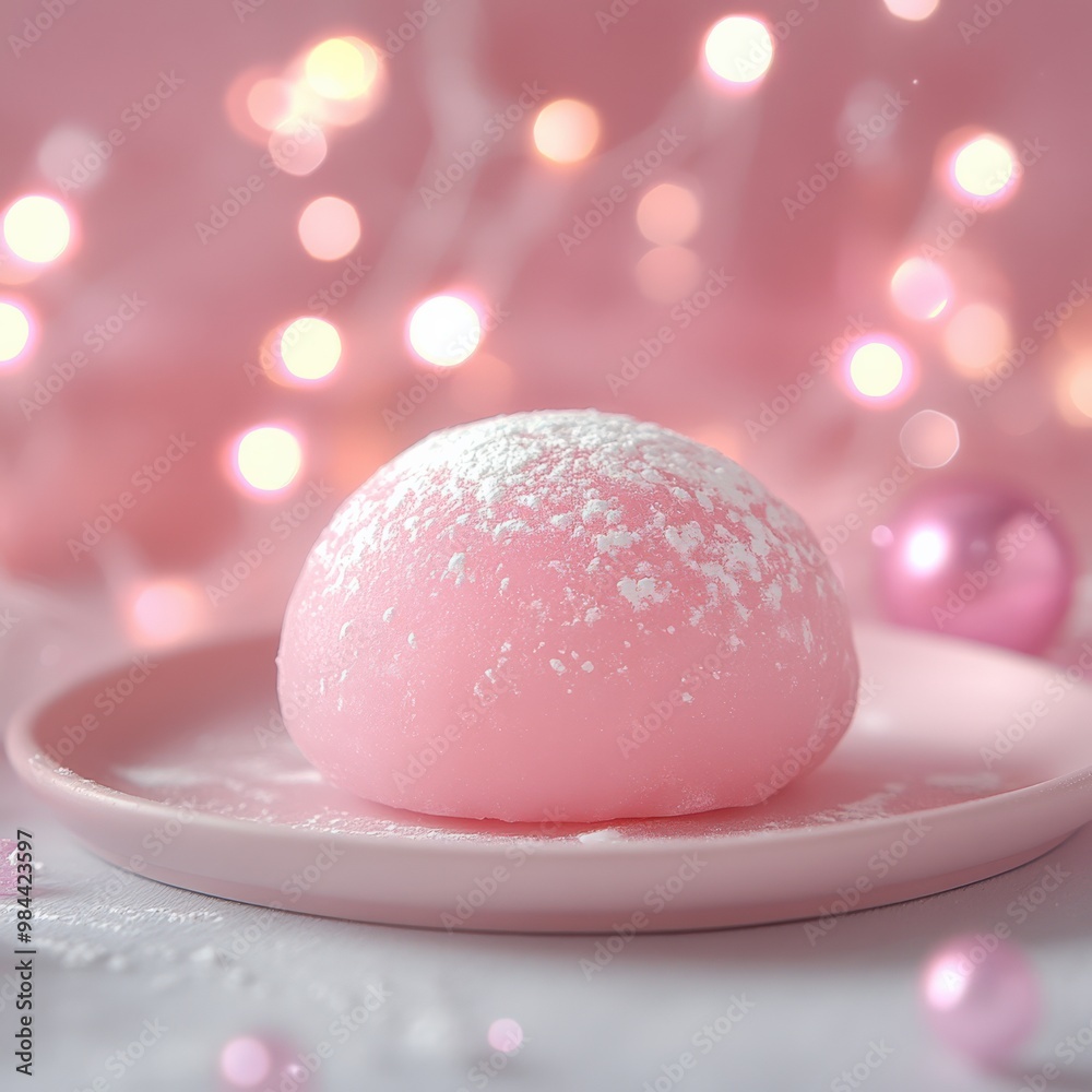 Soft pink mochi on pastel plate with warm bokeh lights in the background Soft pink mochi on pastel plate with warm bokeh lights in the background