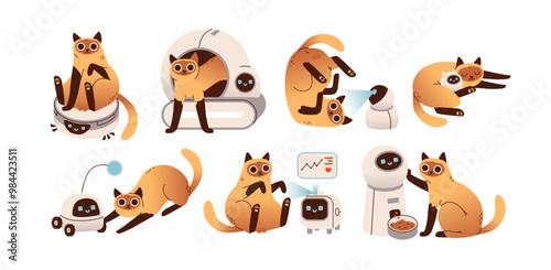 Electronic devices for pet. Interactive cat toys, pet gadgets, automated feeder and selfcleaning litter box. Flat vector illustration of cute cat and technology