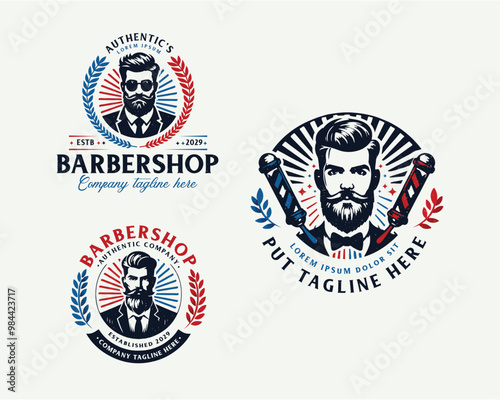 Set bundle vintage barbershop gentleman beard and mustache logo for business company
