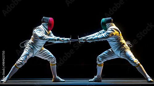 Two Fencers in White Suits Engage in a Sword Fight on a Black Stage, Illuminated by Spotlights photo