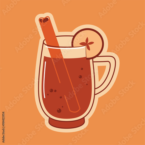 Autumn sticker in orange shades. A warm drink, tea and spices. Cozy autumn