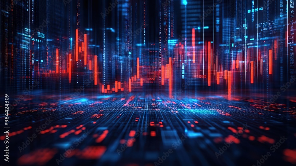 Abstract digital landscape with vibrant red and blue data visualization, representing technology and financial analysis. Abstract digital landscape with vibrant red and blue data visualization, representing technology and financial analysis.