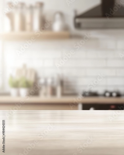 kitchen countertop with light wood cabinets in the background, close-up of empty space for product display