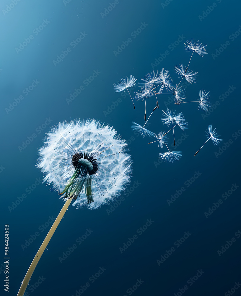 Fototapeta premium Dandelion blowing in the wind close up with blue sky background