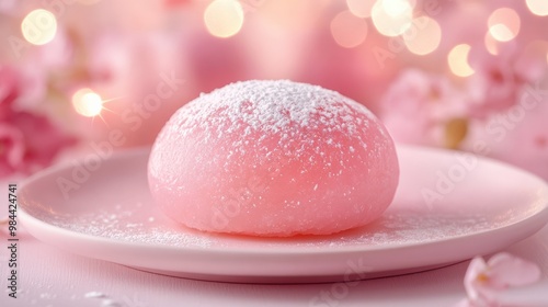 Soft pink mochi on pastel plate with warm bokeh lights in the background