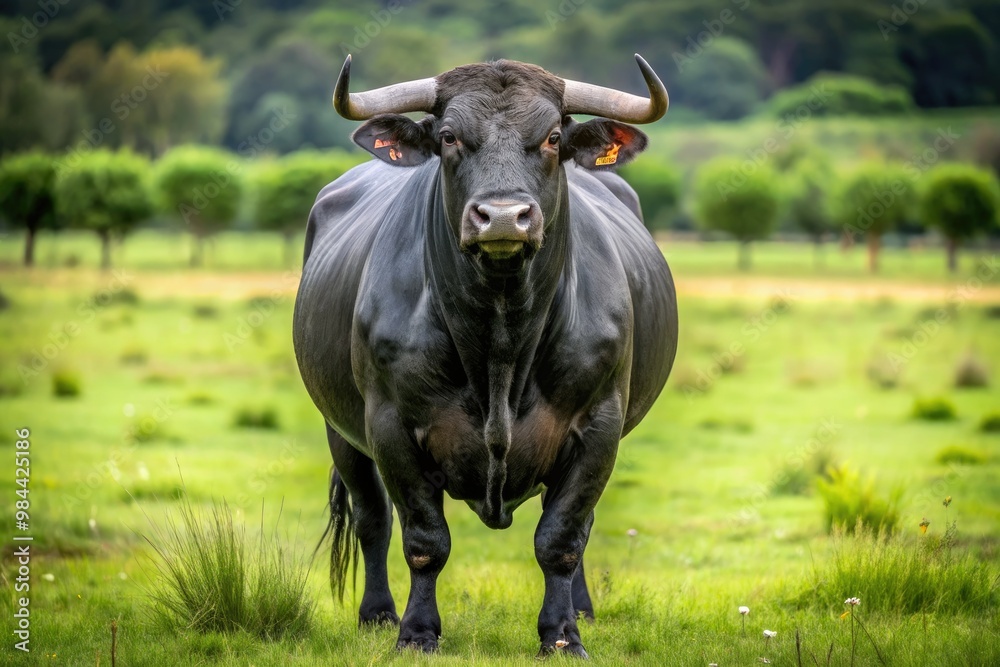 This majestic black bull stands tall in an open field, his curious gaze meeting the camera with a regal air. This majestic black bull stands tall in an open field, his curious gaze meeting the camera with a regal air.