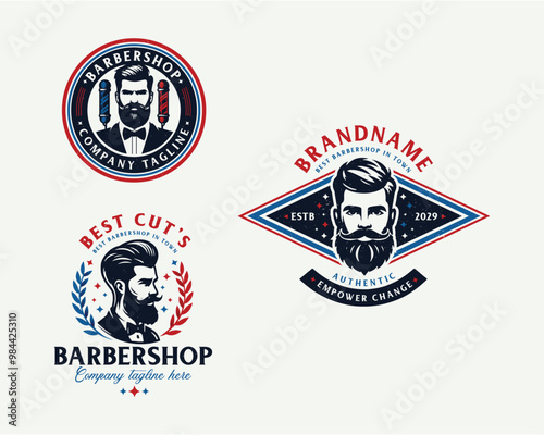 Set bundle vintage barbershop gentleman beard and mustache logo for business company
