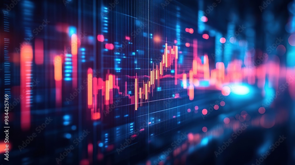 Obraz premium Vibrant digital data visualization showcasing stock market trends with dynamic graphs in blue and red colors.