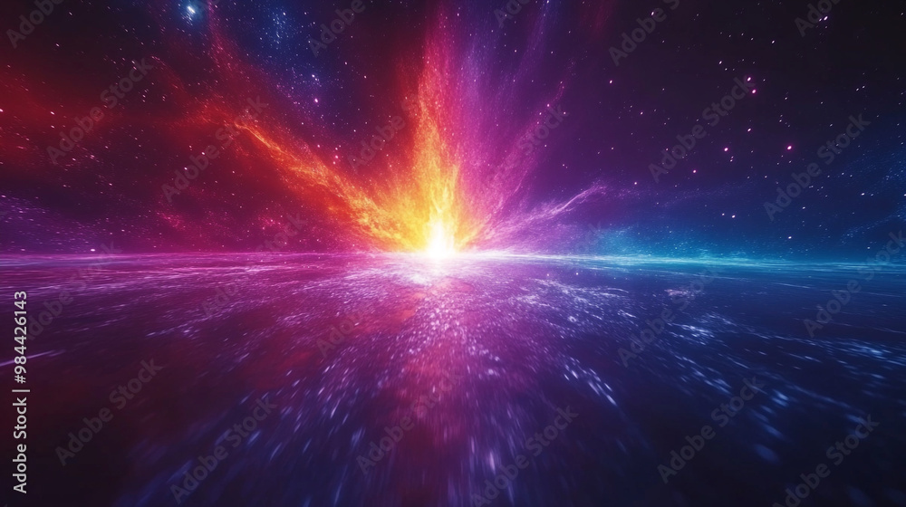 A stunning cosmic scene showcasing vibrant colors, with a radiant sun rising over a tranquil sea of stars. A stunning cosmic scene showcasing vibrant colors, with a radiant sun rising over a tranquil sea of stars.