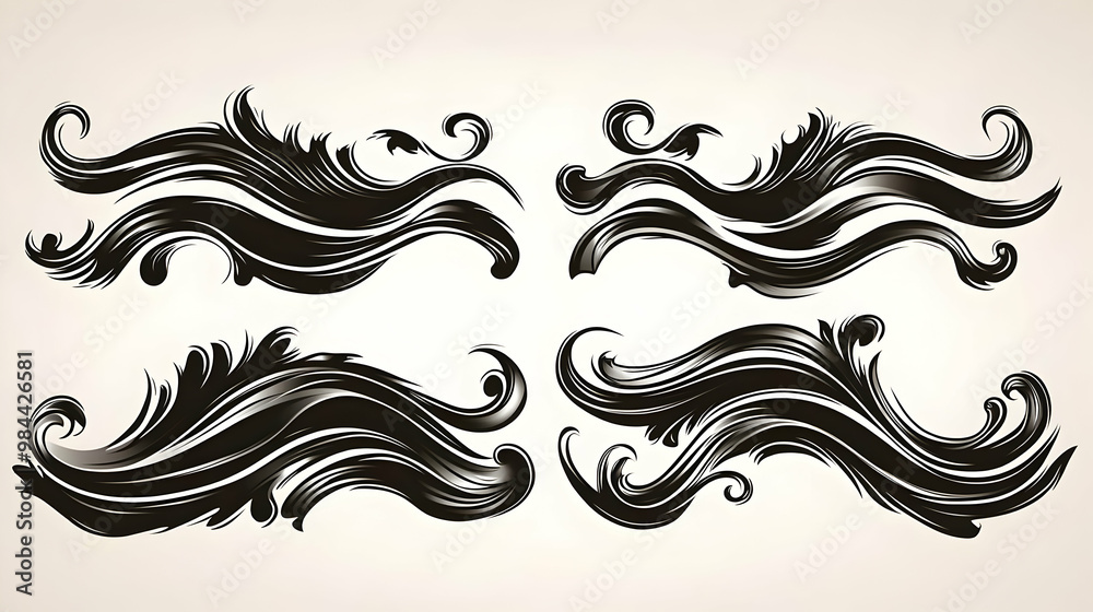 Four Black and White Ornate Swirls with a Vintage Style Illustration Four Black and White Ornate Swirls with a Vintage Style Illustration