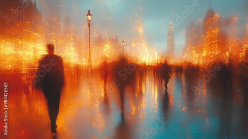 Panel kuchenny z motywem abstract cityscape with blurred silhouettes of people in motion streaks of light conveying urban energy and fastpaced lifestyle dynamic composition in muted tones