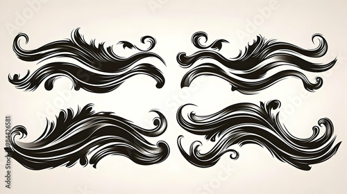 Four Black and White Ornate Swirls with a Vintage Style Illustration