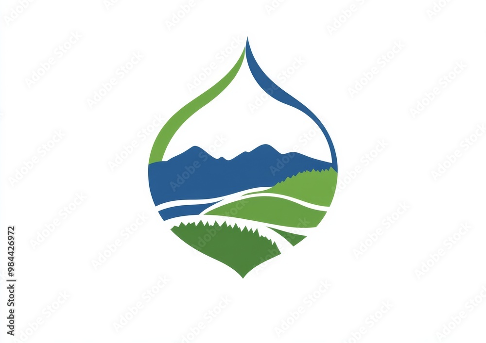 Obraz premium logo featuring a water drop filled with a landscape, designed in green and blue colors on a clean white background. This logo embodies environmental themes