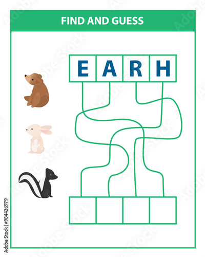 Find and guess word game. Find and guess animal name game. Educational game for young children.