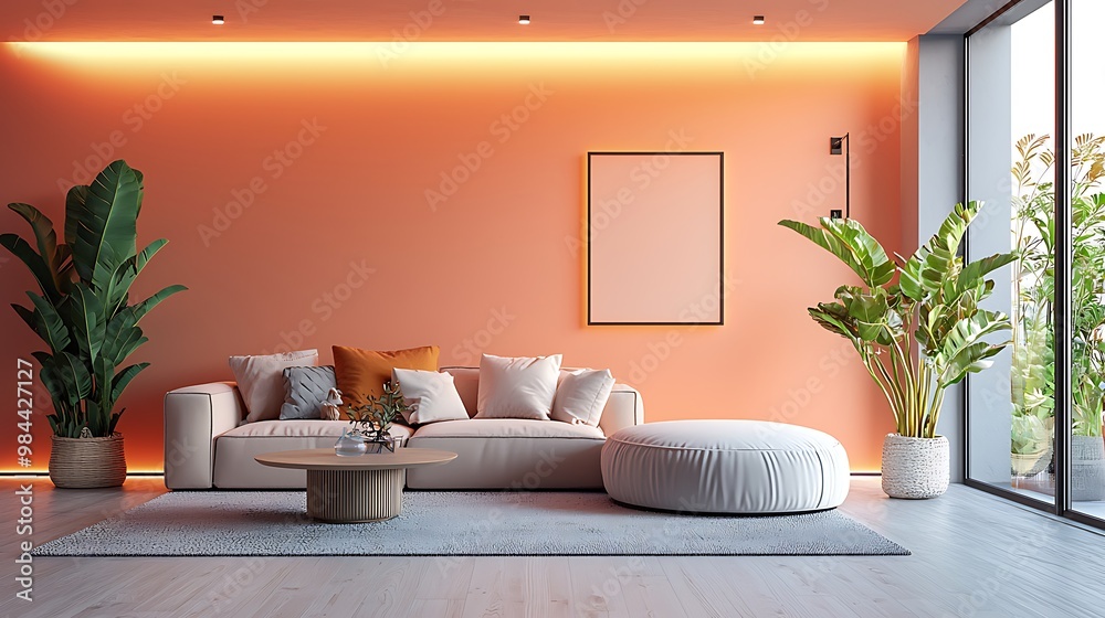 Fototapeta premium A modern living room, vibrant with orange walls and lush plants, feels warm and inviting.