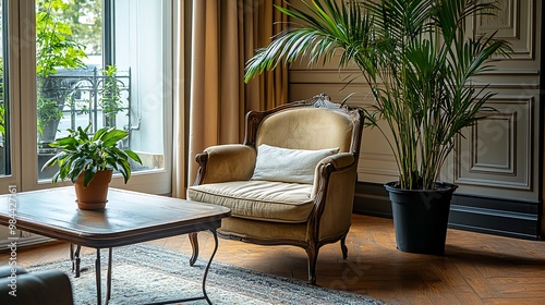 A cozy living room with a comfortable armchair, a wooden coffee table, potted plants, and a patterned rug.