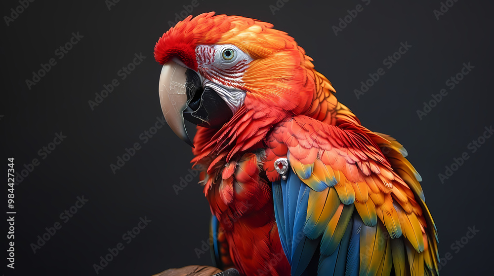 Fototapeta premium Luxurious Scarlet Macaw with an open tail, full face, jewelry