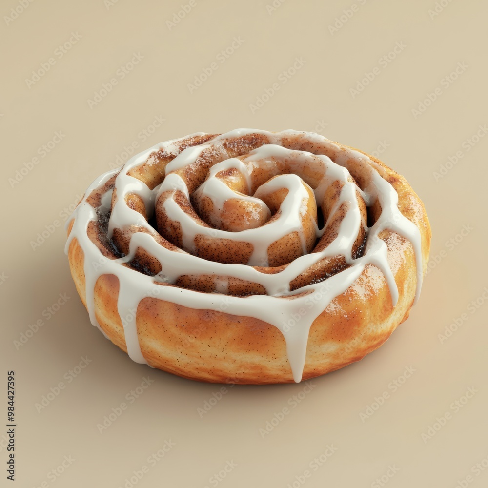 Fototapeta premium 3D illustration of a sweet and sticky cinnamon roll with icing, isolated on a plain background
