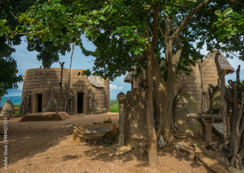 Benin, West Africa, Boukoumbé, voodoo altars in front of a traditional tata somba house
