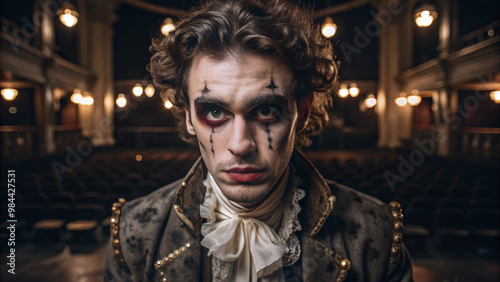 Portrait of an actor on a theater stage with theatrical make-up photo