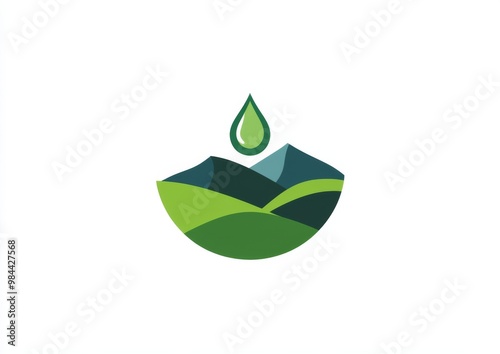  logo featuring a water drop filled with a landscape, designed in green and blue colors on a clean white background. This logo embodies environmental themes photo