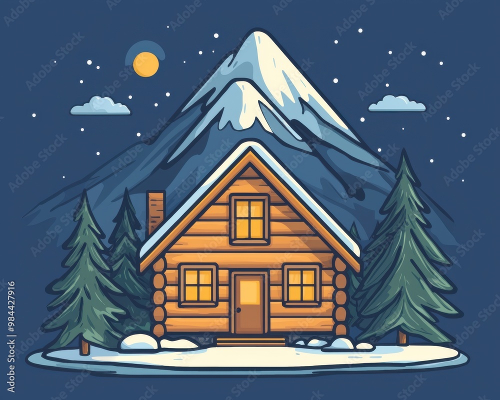 Fototapeta premium Cozy Cabin in the Mountains at Night.