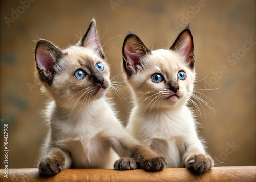 Two Siamese kittens gaze intently at something just out of reach, their small faces scrunched up with excitement and curiosity. photo