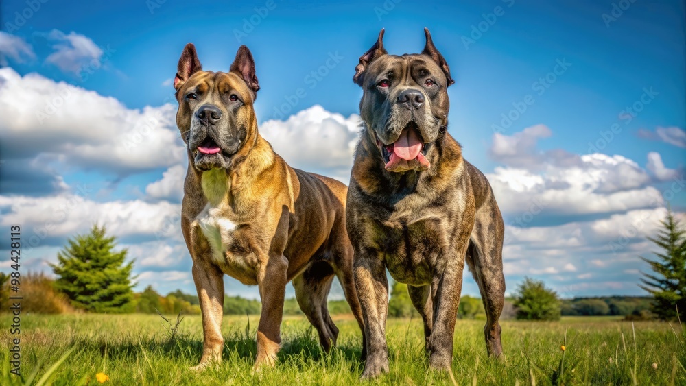 Two strong dogs with striking brindle coats and chiseled bodies stand side by side, surveying their surroundings in the lush grass. Two strong dogs with striking brindle coats and chiseled bodies stand side by side, surveying their surroundings in the lush grass.