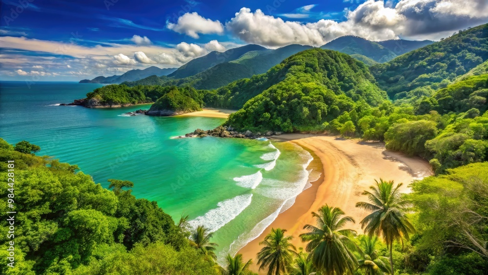 Ubatuba's idyllic beach paradise is a serene haven, surrounded by verdant hills that meet the turquoise sea, with sun-kissed sands soft as silk and seawater laps peacefully at the shoreline.
