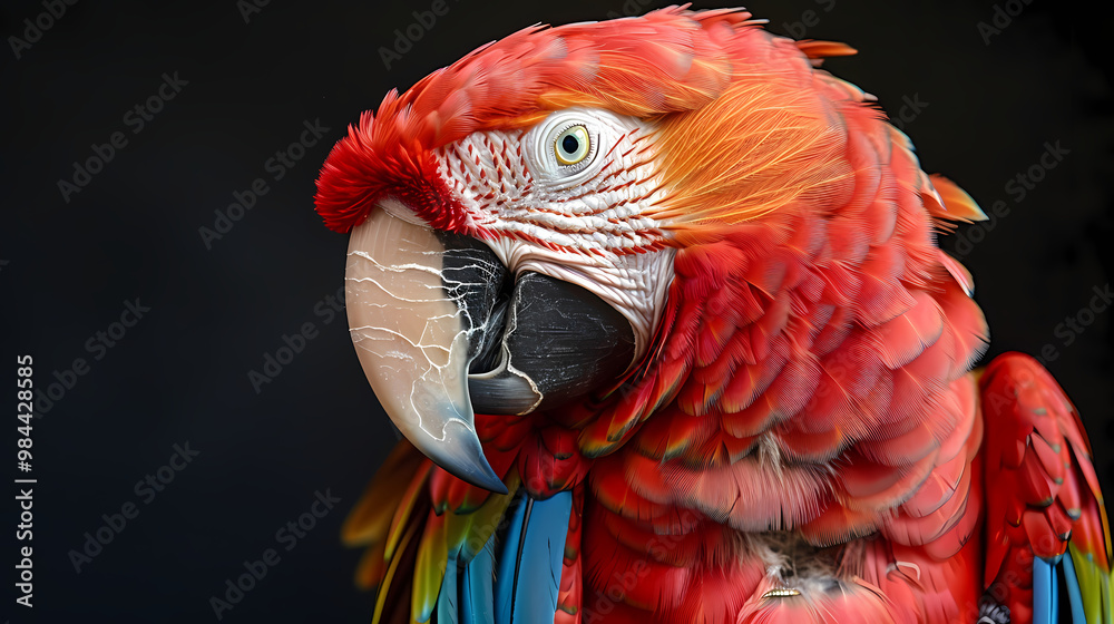 Fototapeta premium Luxurious Scarlet Macaw with an open tail, full face, jewelry