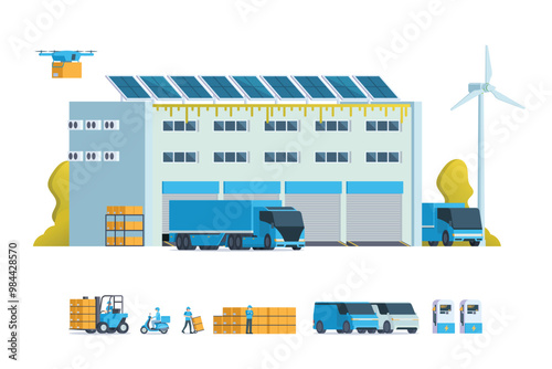 Modern flat Illustration of Green Sustainable Warehouse Building, storage. truck and container. Warehouse Management, Logistic Management. vector illustration