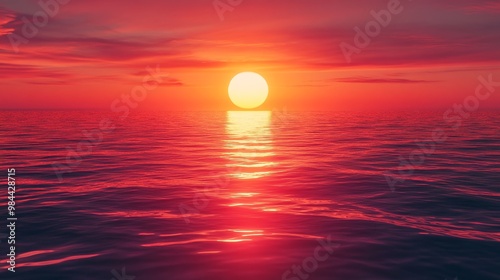 A beautiful sunset over the ocean with a large sun in the sky