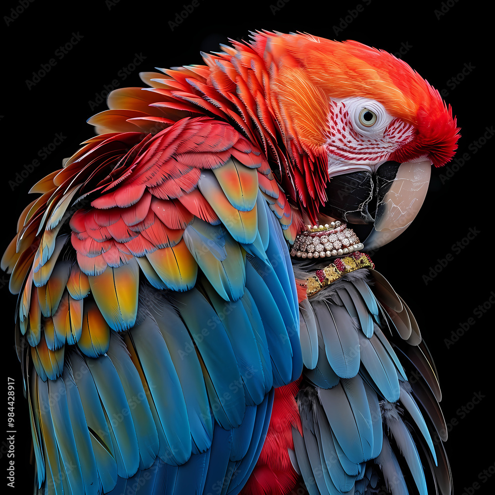 Fototapeta premium Luxurious Scarlet Macaw with an open tail, full face, jewelry