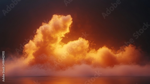 A large orange cloud is rising in the sky