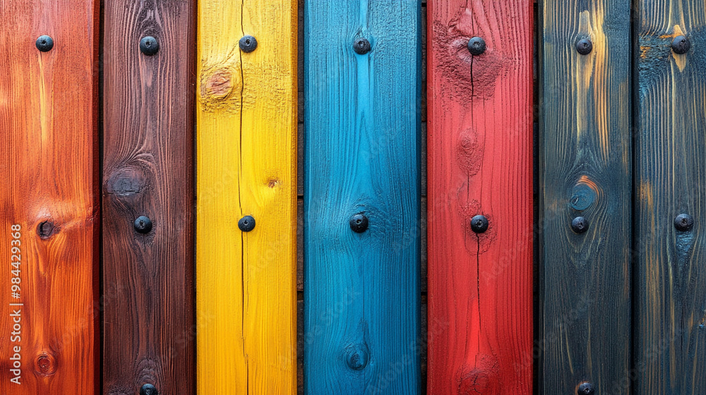 Fototapeta premium Vibrant wooden planks in an array of colors, showcasing texture and patterns for decorative and design purposes.