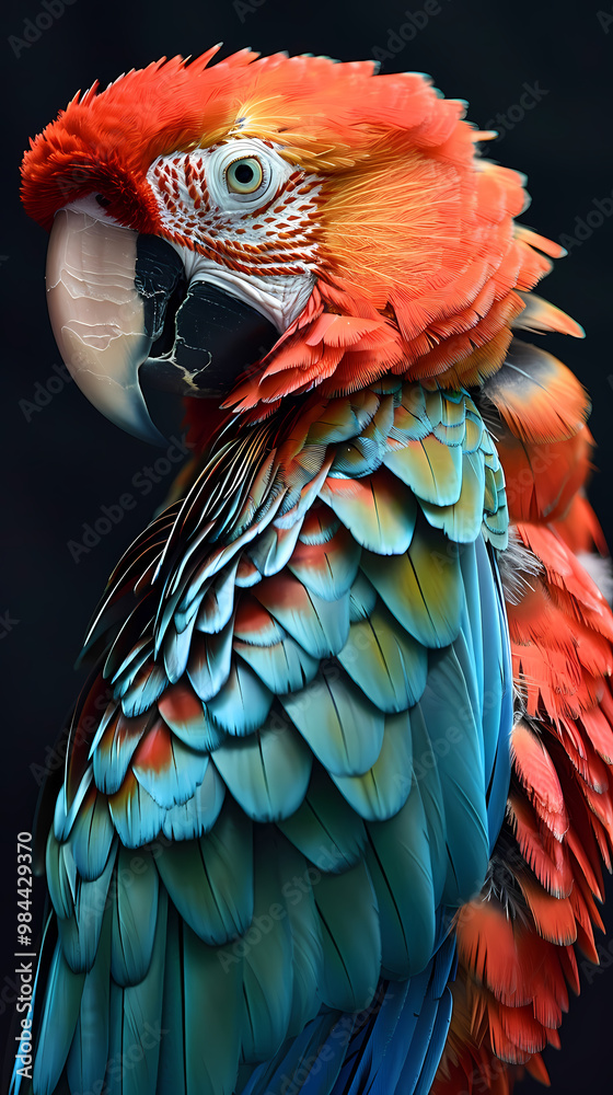 Fototapeta premium Luxurious Scarlet Macaw with an open tail, full face, jewelry