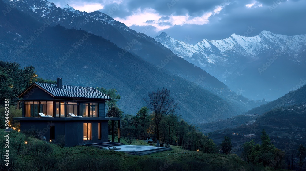 A dark teal exterior yoga retreat, set against the backdrop of a serene mountain range, designed to blend holistic wellness with breathtaking natural beauty A dark teal exterior yoga retreat, set against the backdrop of a serene mountain range, designed to blend holistic wellness with breathtaking natural beauty