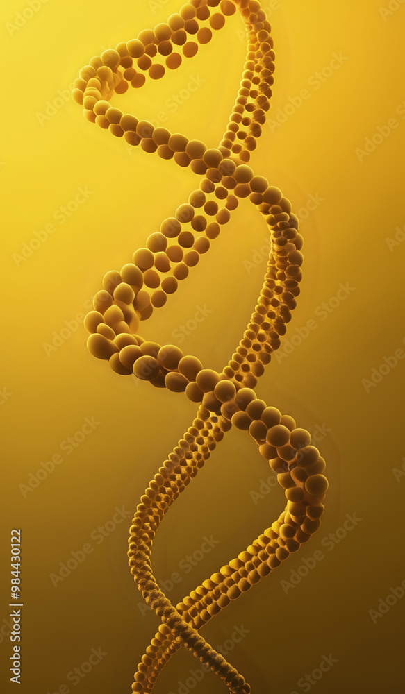Holographic rendering of a DNA chromosomes representing digital, high-tech advances in medicine and human health in yellow tones. Holographic rendering of a DNA chromosomes representing digital, high-tech advances in medicine and human health in yellow tones.
