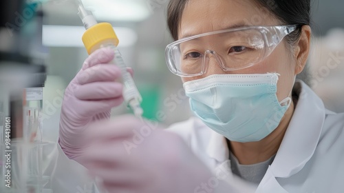 Chinese scientists working in a biotechnology lab, conducting genetic research photo