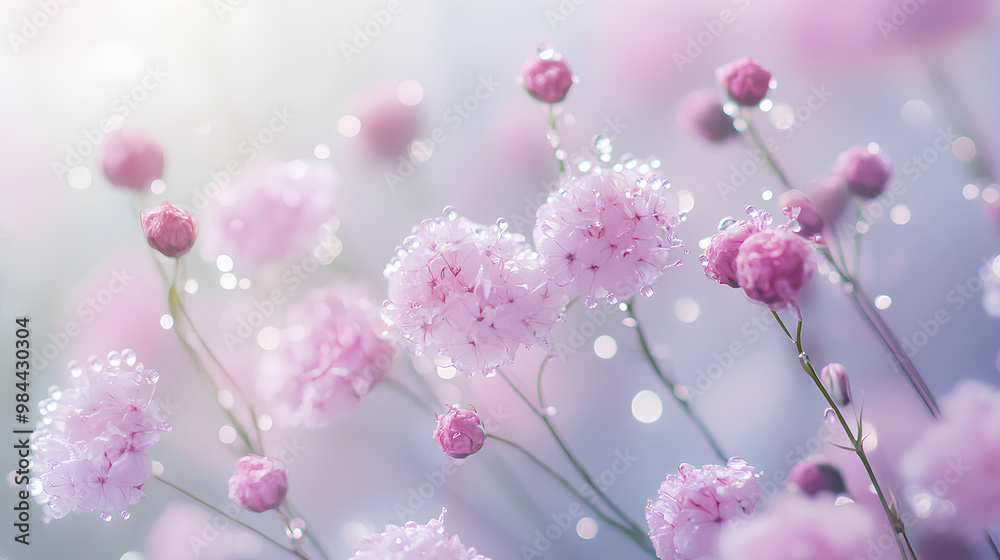 Delicate pink flowers adorned with droplets, creating a serene and dreamy atmosphere. Delicate pink flowers adorned with droplets, creating a serene and dreamy atmosphere.