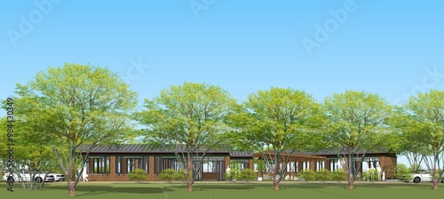 Street view of architectural illustration of an outdoor cafe with brick building