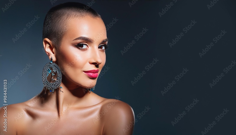 beautiful female model with bright makeup and large earrings with shaved head beautiful female model with bright makeup and large earrings with shaved head
