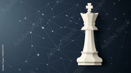 A white chess queen stands tall on a networked background, symbolizing strategy and power. photo