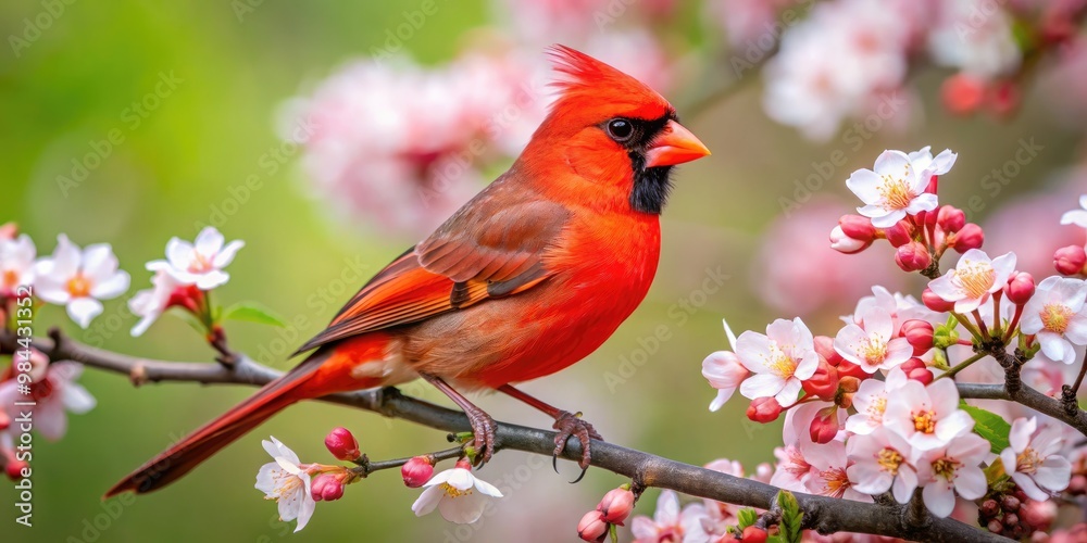 Vibrant red cardinal perches on a blooming branch, its inked plumage glowing against the soft petals. Vibrant red cardinal perches on a blooming branch, its inked plumage glowing against the soft petals.