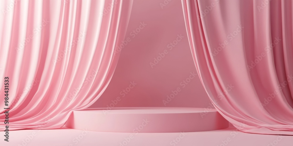 This stylish pink fabric backdrop, featuring a sleek podium, is perfect for showcasing cosmetics, fashion, or luxury products. It creates a wonderfully minimalistic and elegant scene for any event This stylish pink fabric backdrop, featuring a sleek podium, is perfect for showcasing cosmetics, fashion, or luxury products. It creates a wonderfully minimalistic and elegant scene for any event