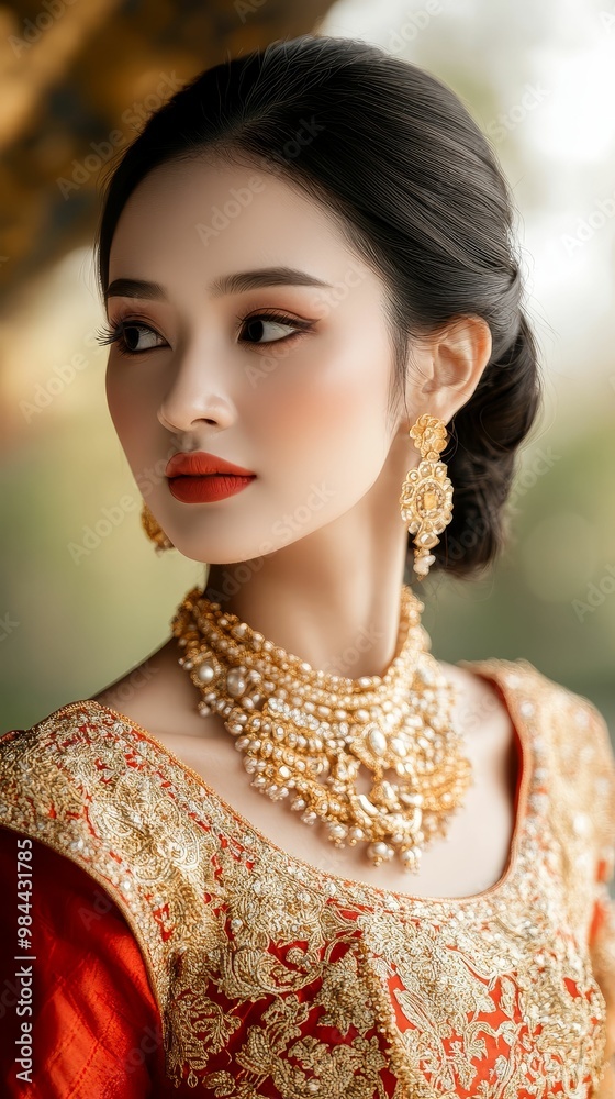 Thai bride in a traditional gold and red dress, detailed jewelry, set against a rich cultural backdrop Thai bride in a traditional gold and red dress, detailed jewelry, set against a rich cultural backdrop