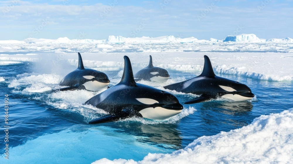 Fototapeta premium Elegant Orcas Swimming in Icy Arctic Waters