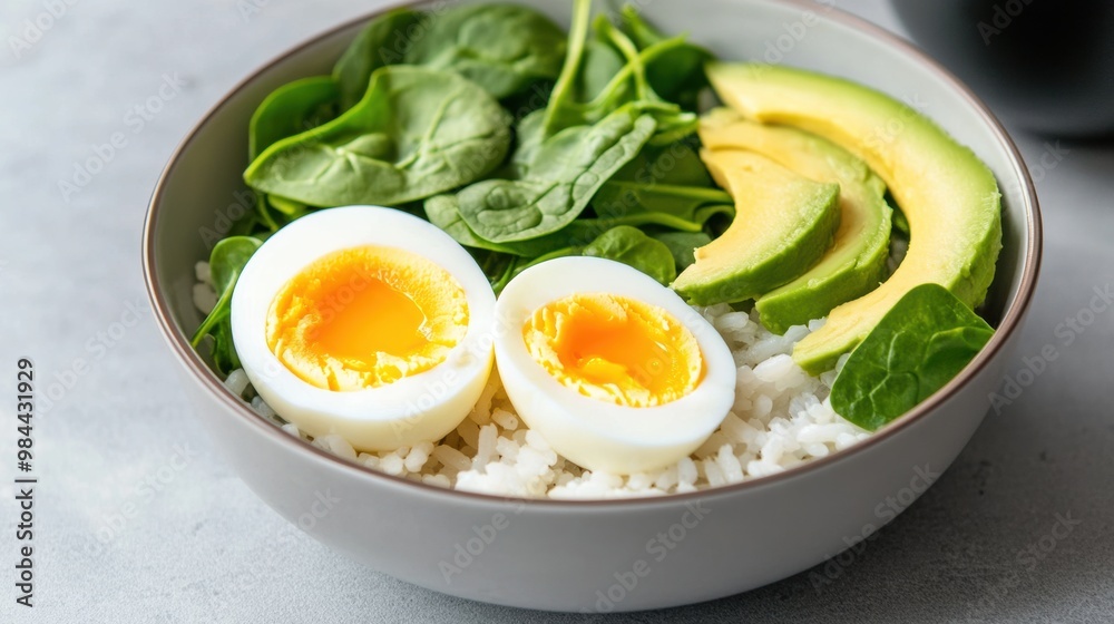 Healthy Bowl with Spinach, Egg, and Avocado Slices Healthy Bowl with Spinach, Egg, and Avocado Slices